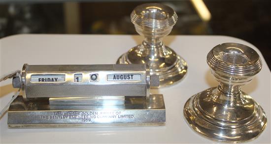 Pair of small silver candlesticks & silver calendar